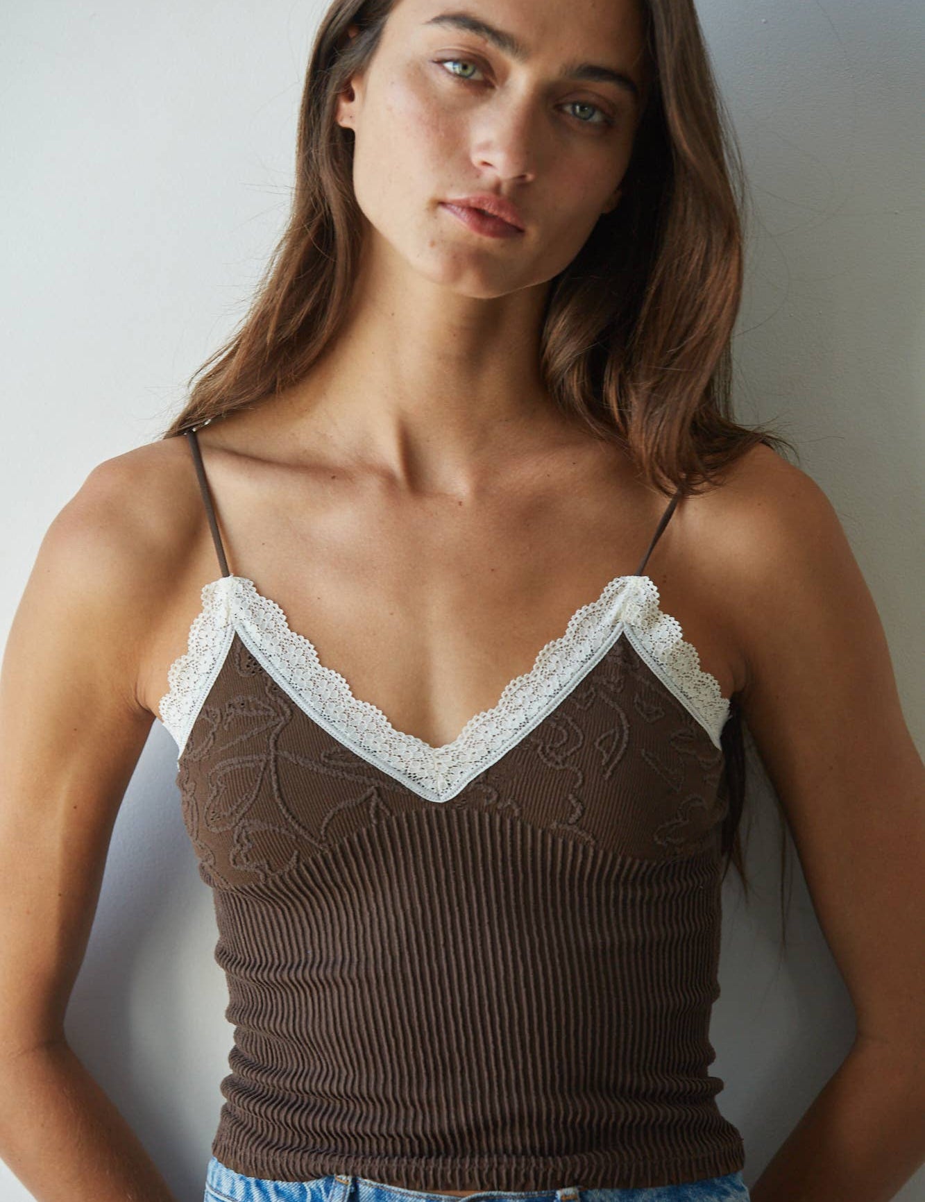 Brown Lace Trim Ribbed Cami
