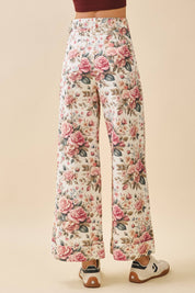 Rose Print Wide Leg High Waist Pants