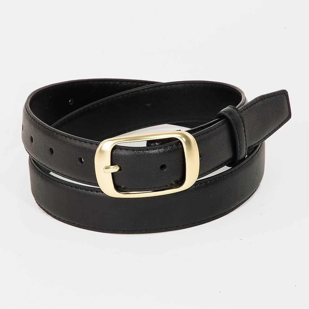 Black Solid Rectangle Buckle Leather Belt