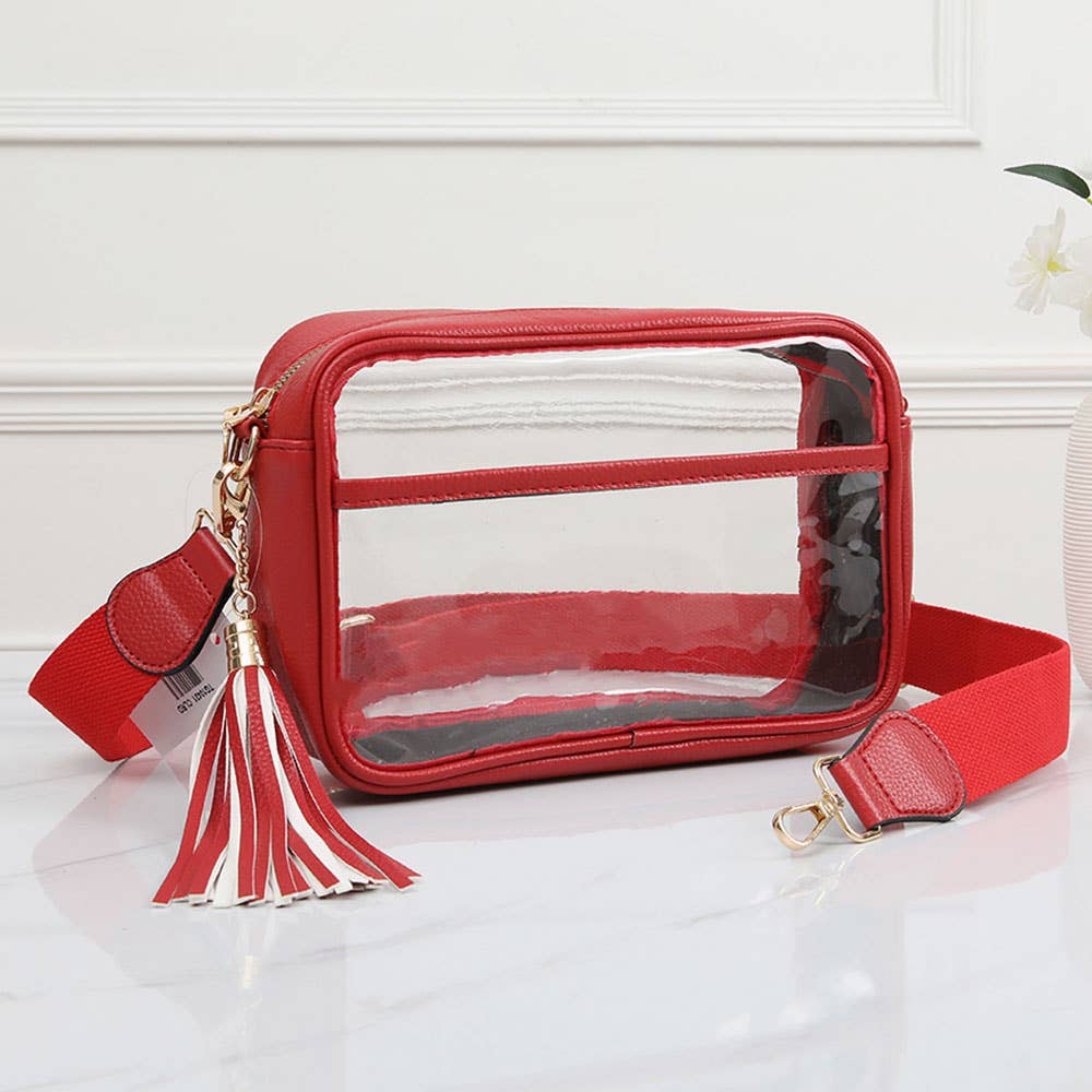 Faux Leather Transparent Rectangular Crossbody Bag: Clear,Royal Blue
