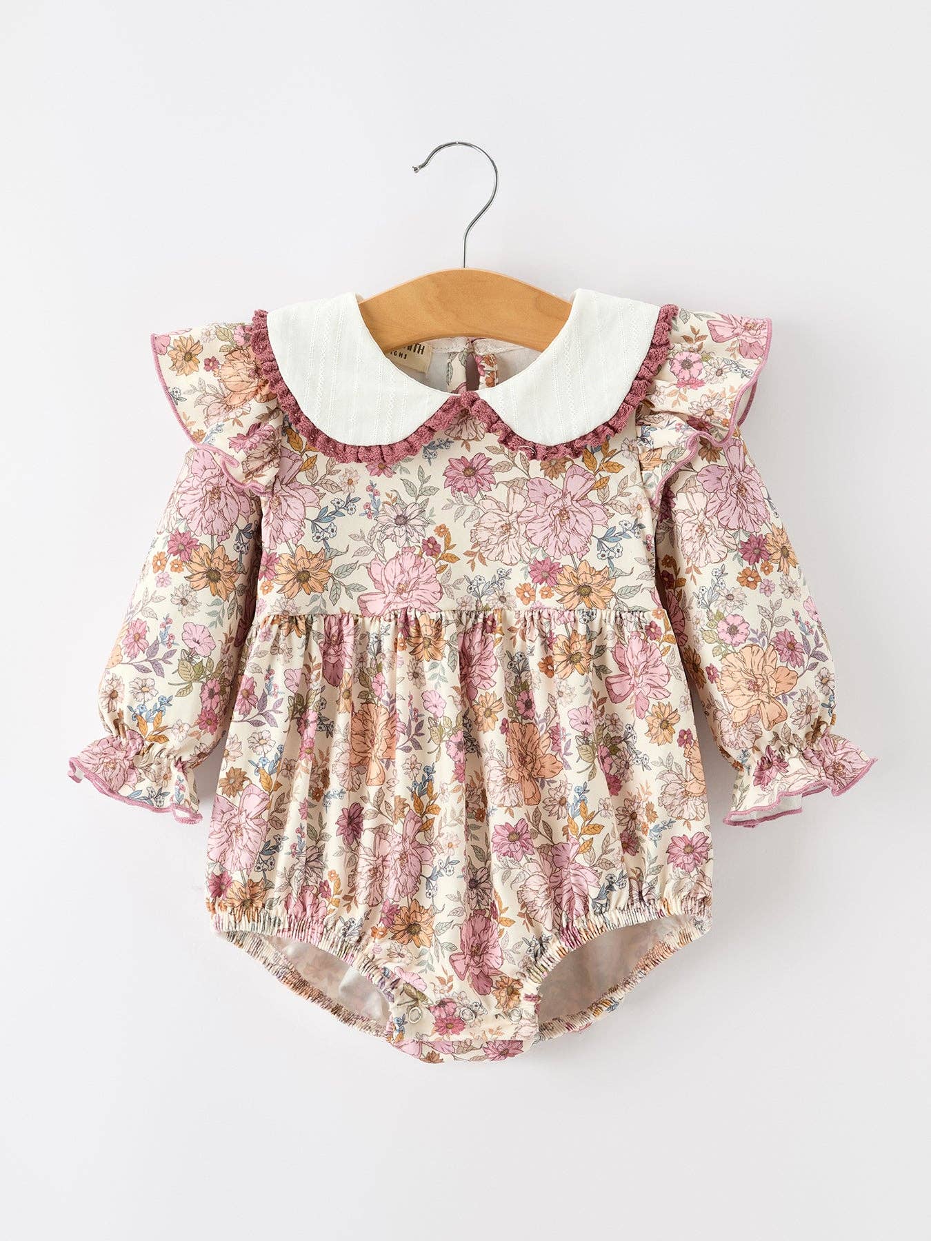 Fall Floral Bubble Romper — delicate lace trim and shoulder ruffles
