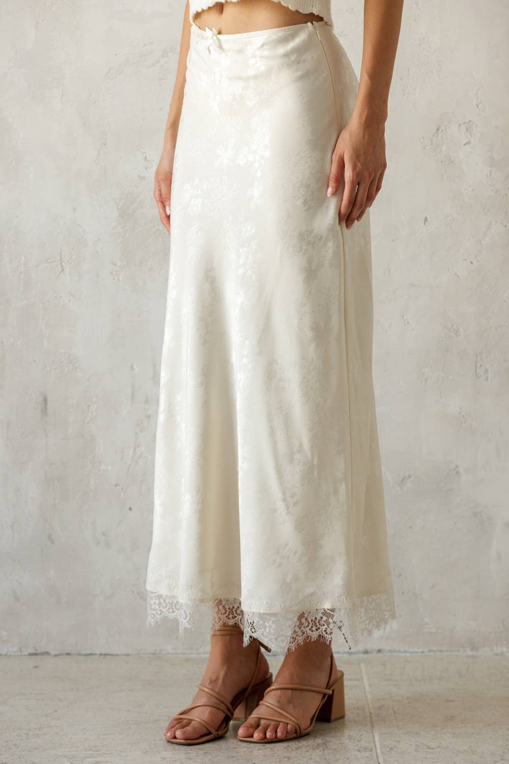 Ivory Satin Lace Trim Midi Skirt