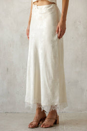 Ivory Satin Lace Trim Midi Skirt