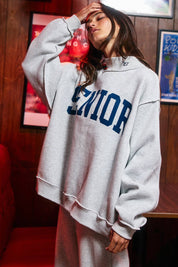 Gray Senior Mockneck Sweatshirt showing reversible design
