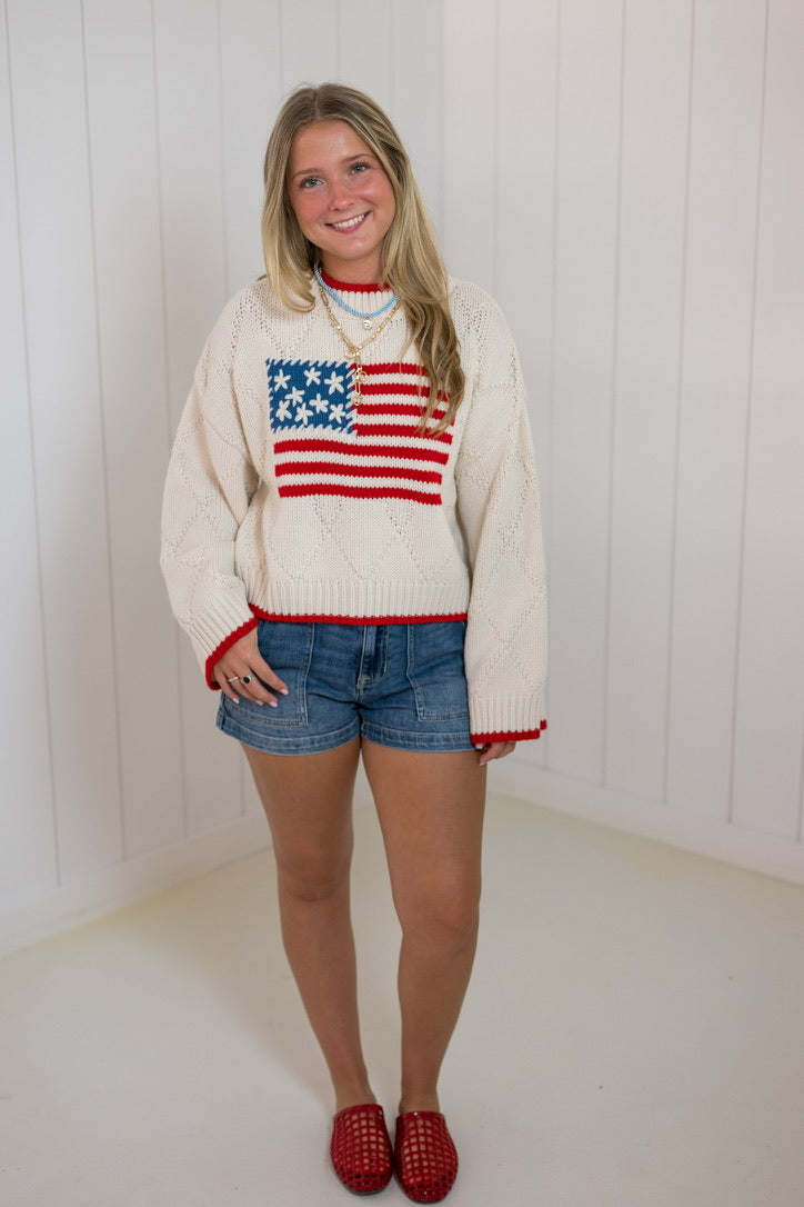 Cream American Flag Front Sweater Top