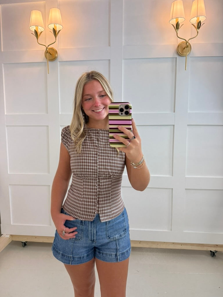 Brown Plaid Cinched Top