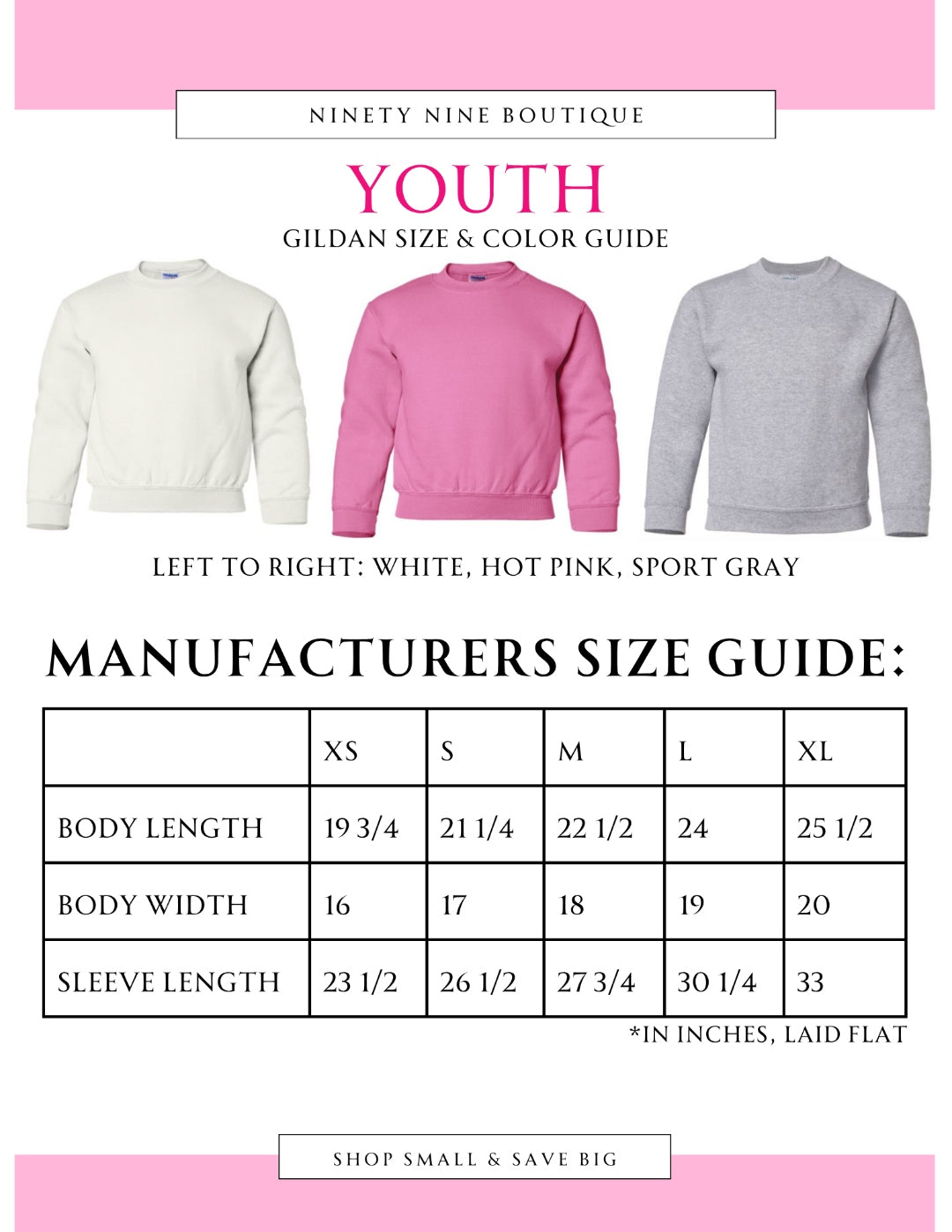 Youth Gildan Size & Color Guide