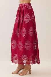 Burgundy Eyelet Scalloped Maxi Skirt