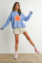 Blue Drop Shoulder Star Pattern Sweater