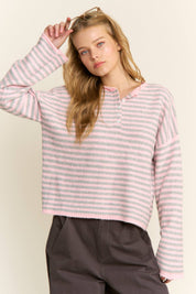 Pink Striped Henley Knit Sweater