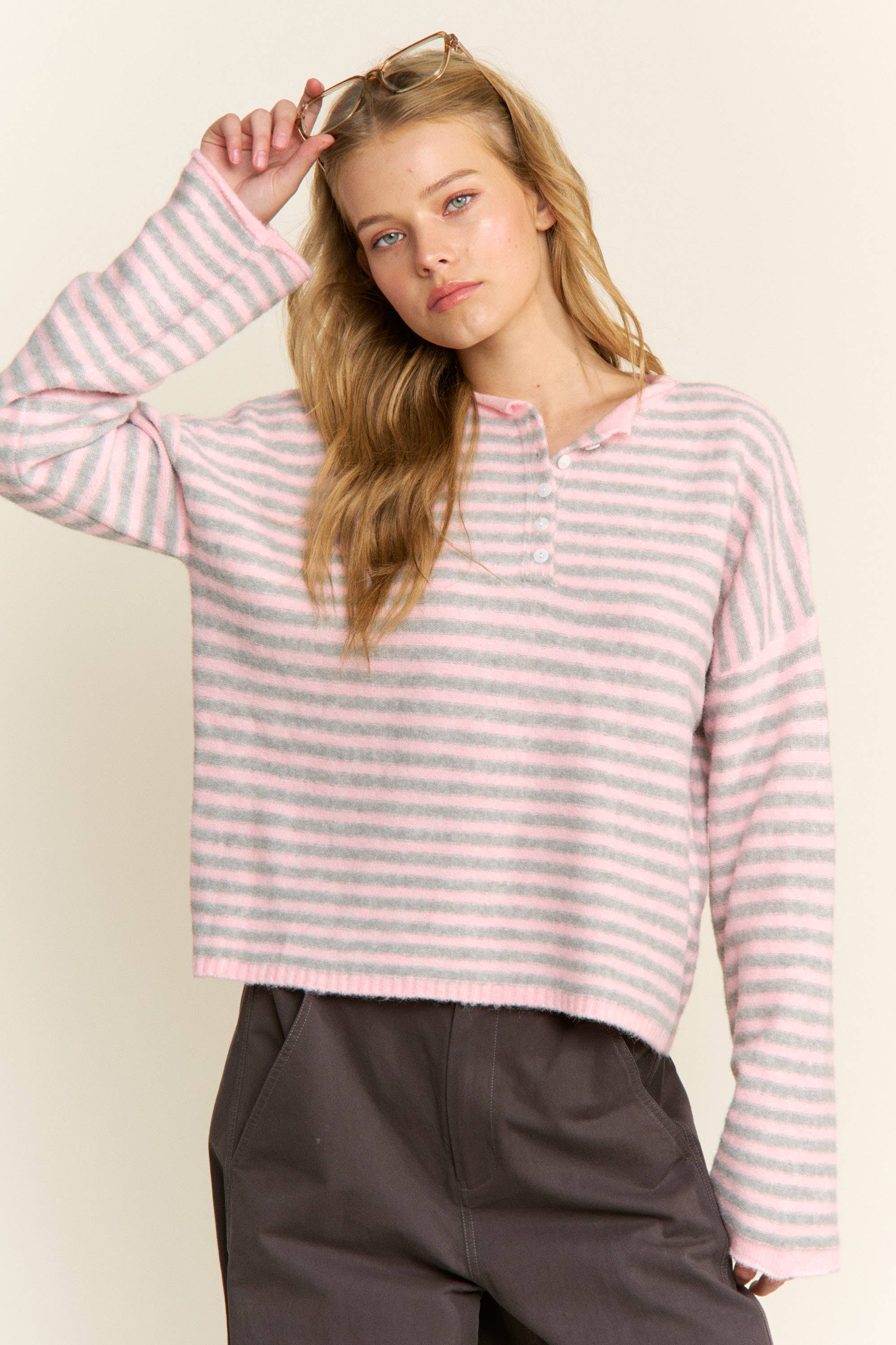 Pink Striped Henley Knit Sweater