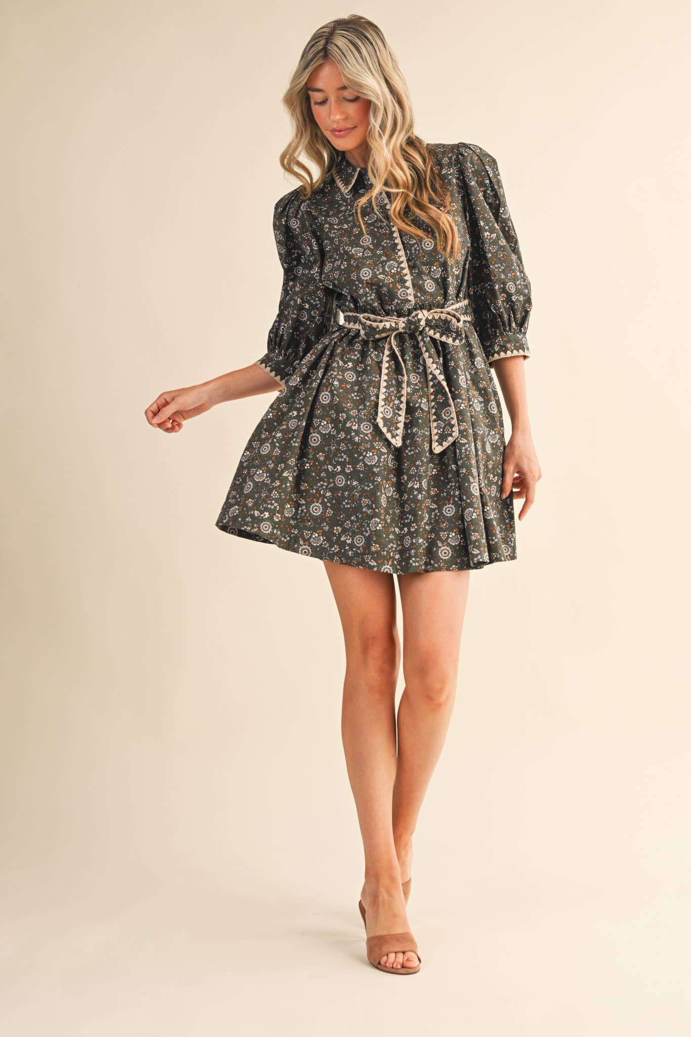 Olive Puff Sleeve Floral Mini Dress