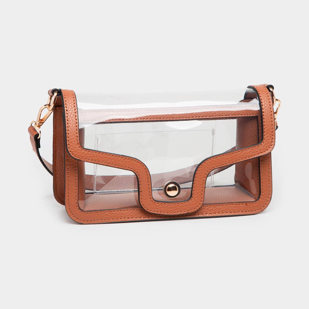 Solid Faux Leather Transparent Rectangle Shoulder Bag: Tan