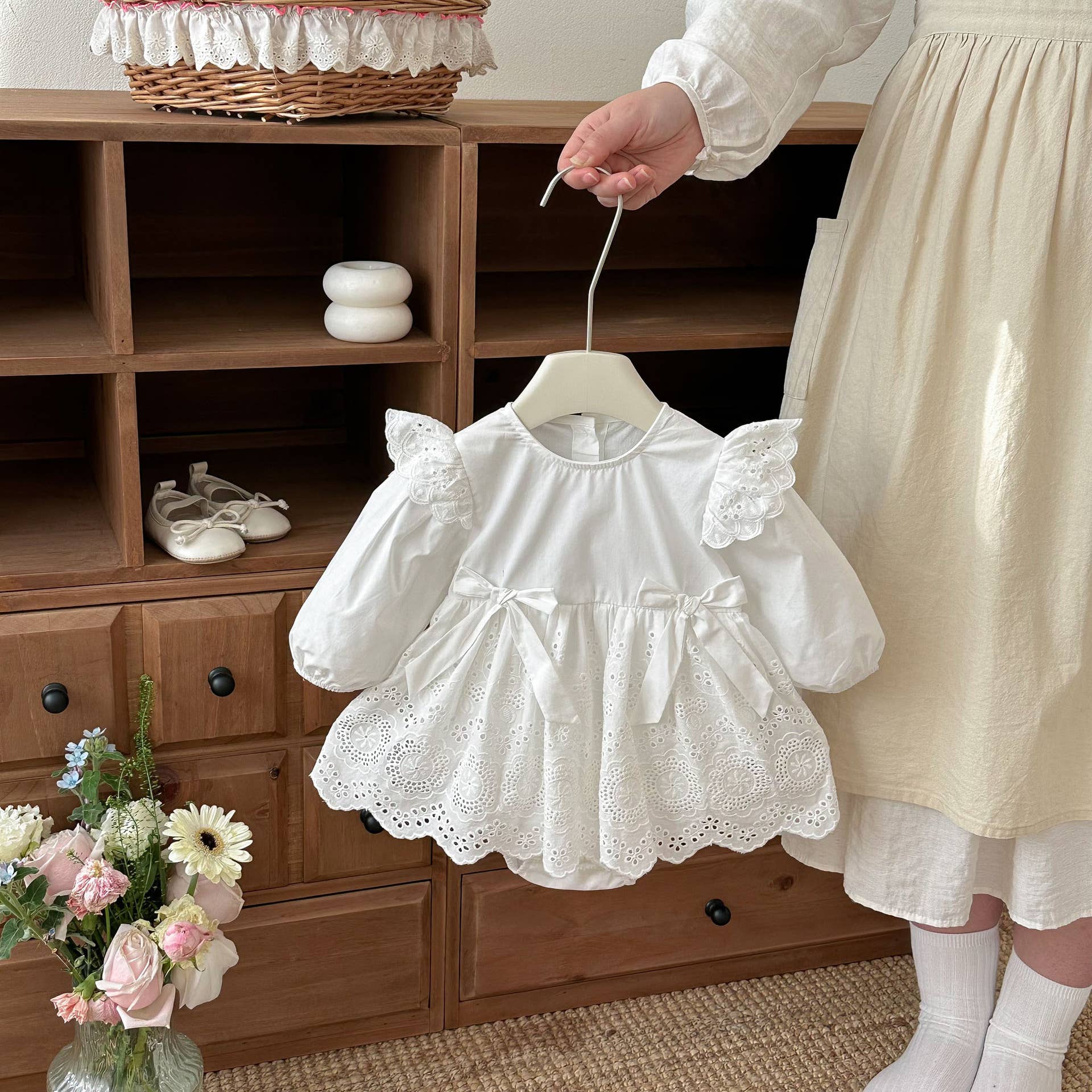 White Lace Baby Romper Dress with Bow Detail