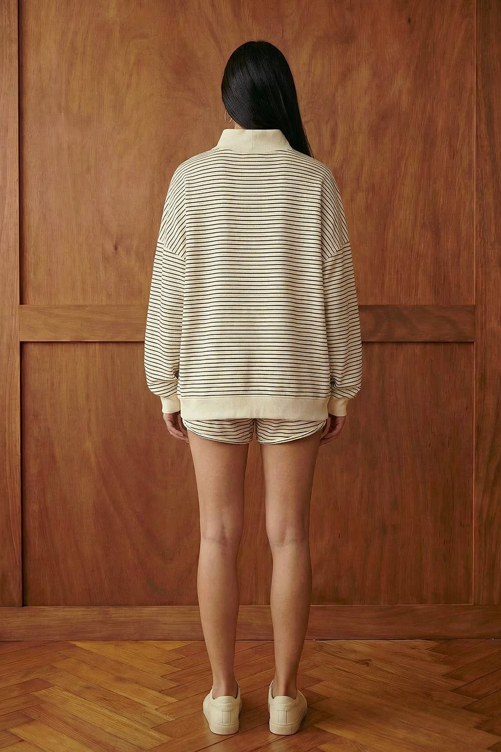 Cream Striped MockNeck Sweatshirt