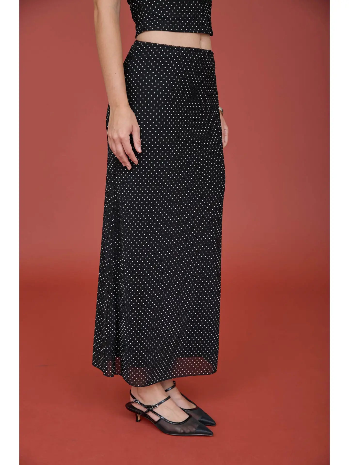 Black Polka Dot Pencil Midi Skirt