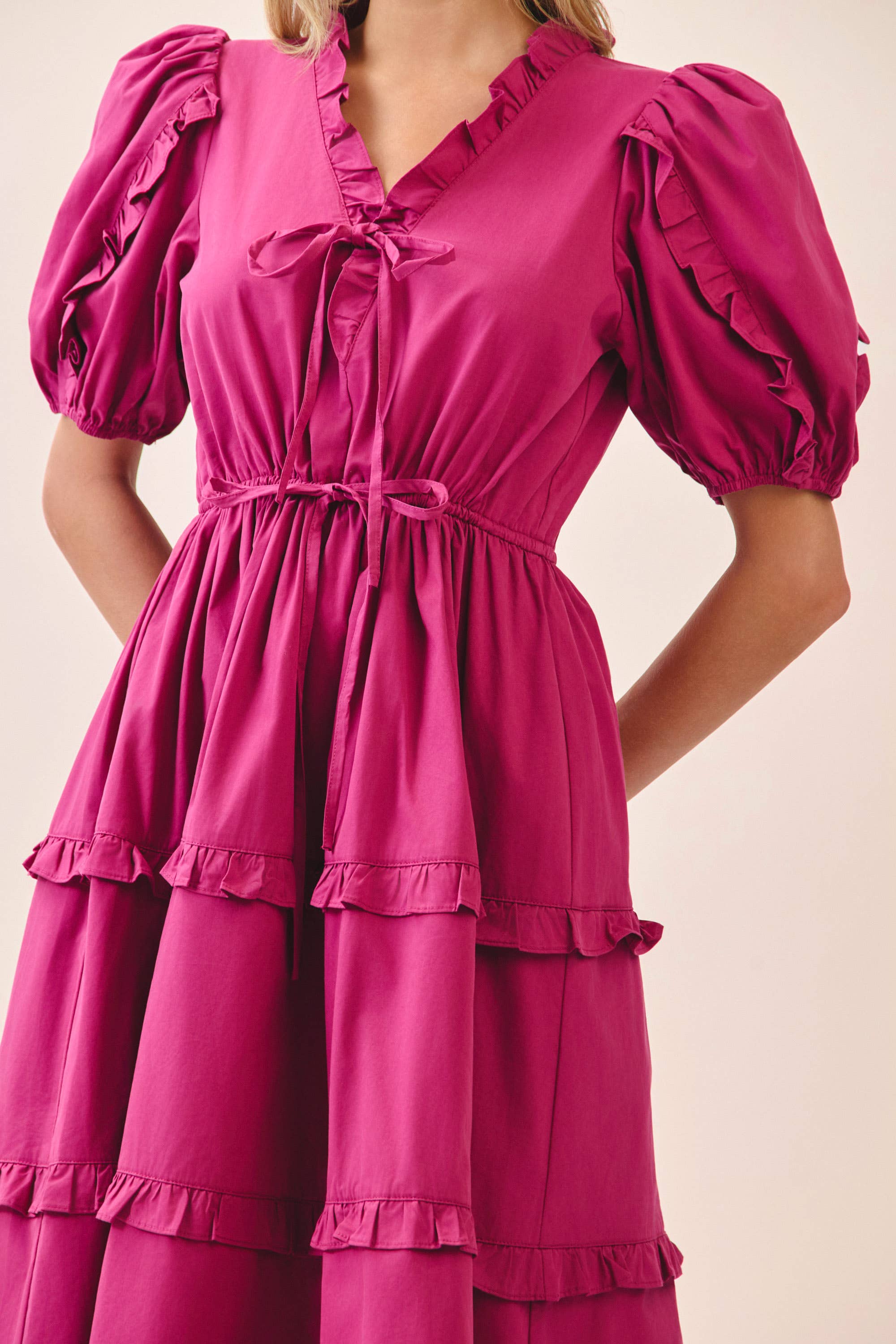 Pink Drawstring Waist Tiered Ruffle Dress