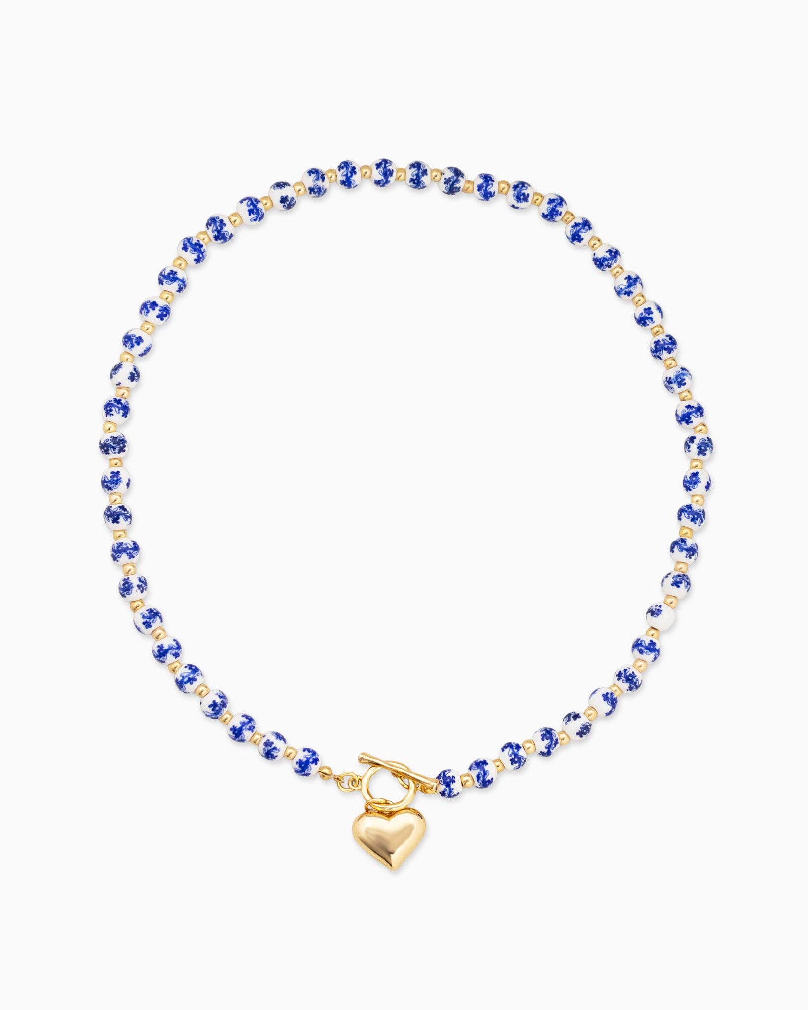 Blue Ceramic Bead Puffy Heart Toggle Necklace