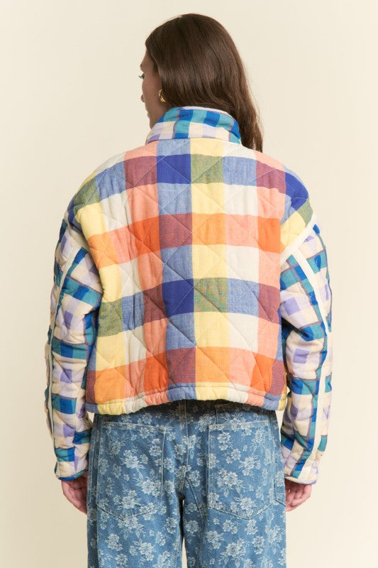 Blue Multi-color Plaid Puffer Jacket
