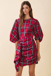Plaid Puff Sleeve Ruffle Dress