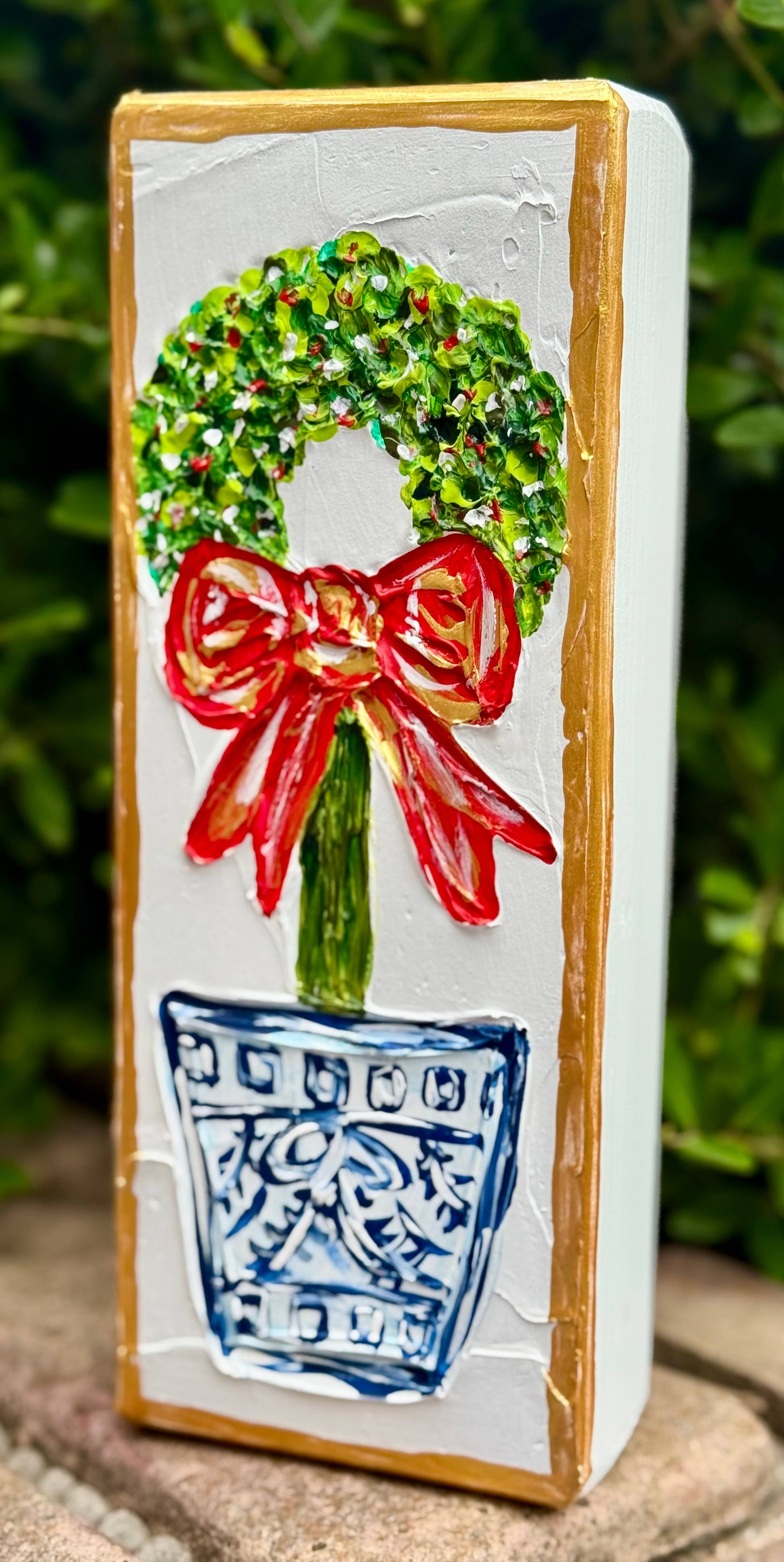 Christmas Wreath Topiary Textured Painted Art Block — view 3