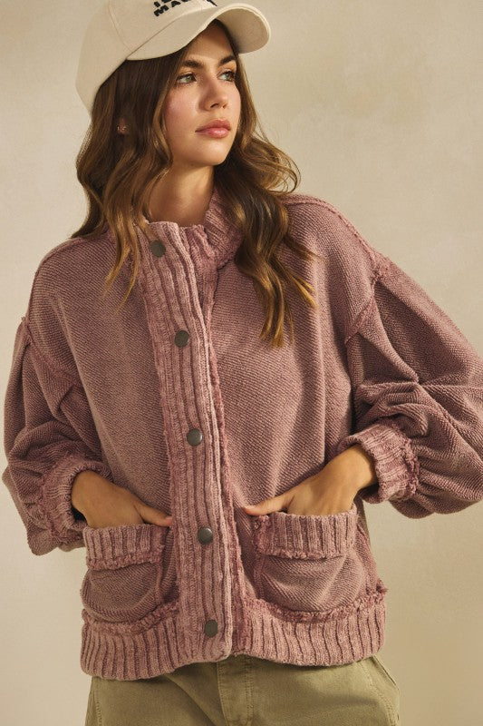Mauve Washed Trim Cardigan Jacket