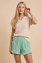 Beige Cable Knit Short Sleeve Sweater
