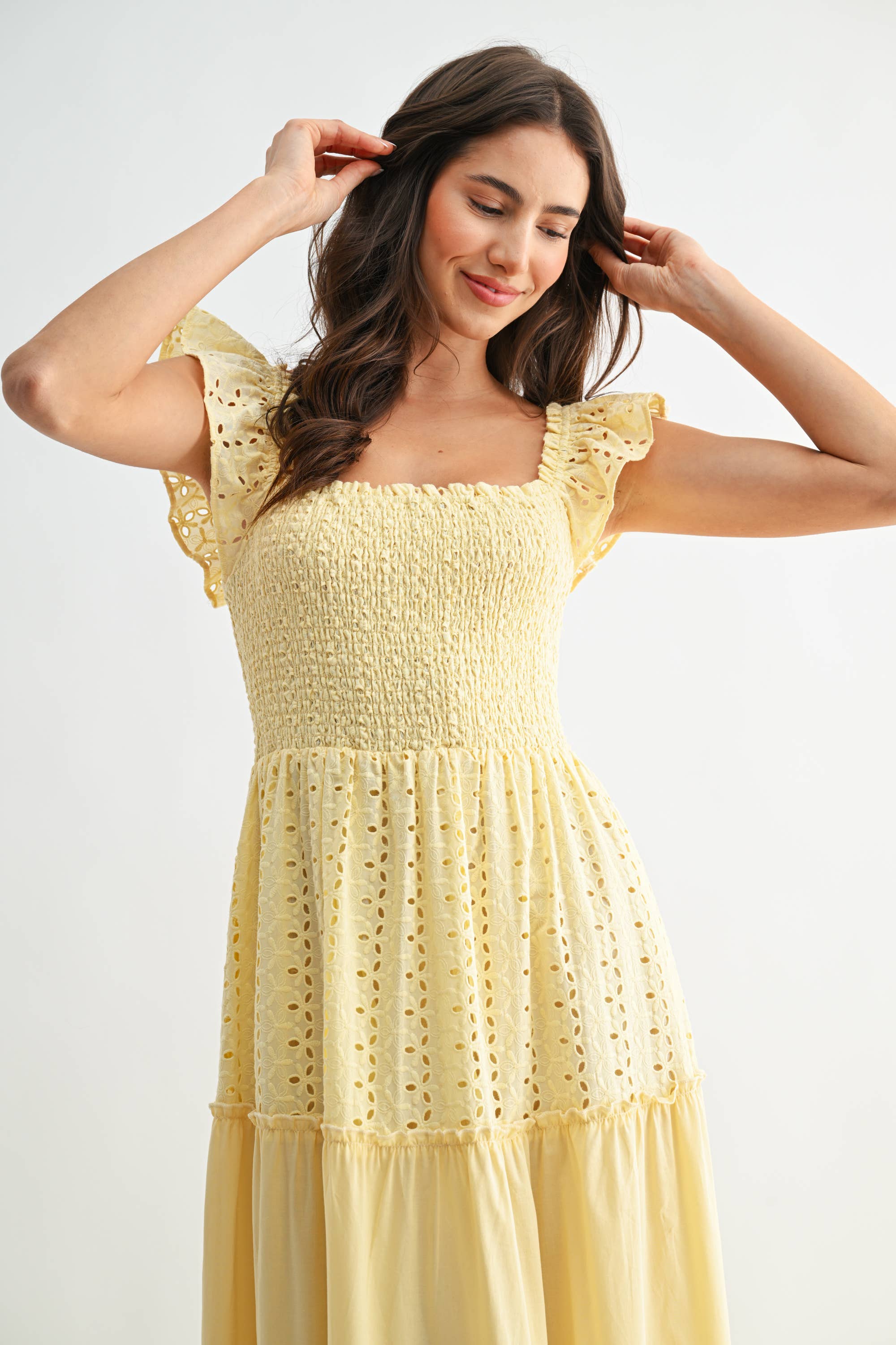 Yellow Eyelet Smocked Maxi Dress