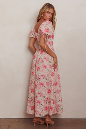 Pink Floral Puff Sleeve Maxi Dress