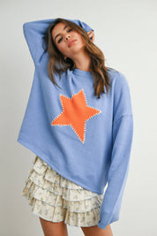 Blue Drop Shoulder Star Pattern Sweater