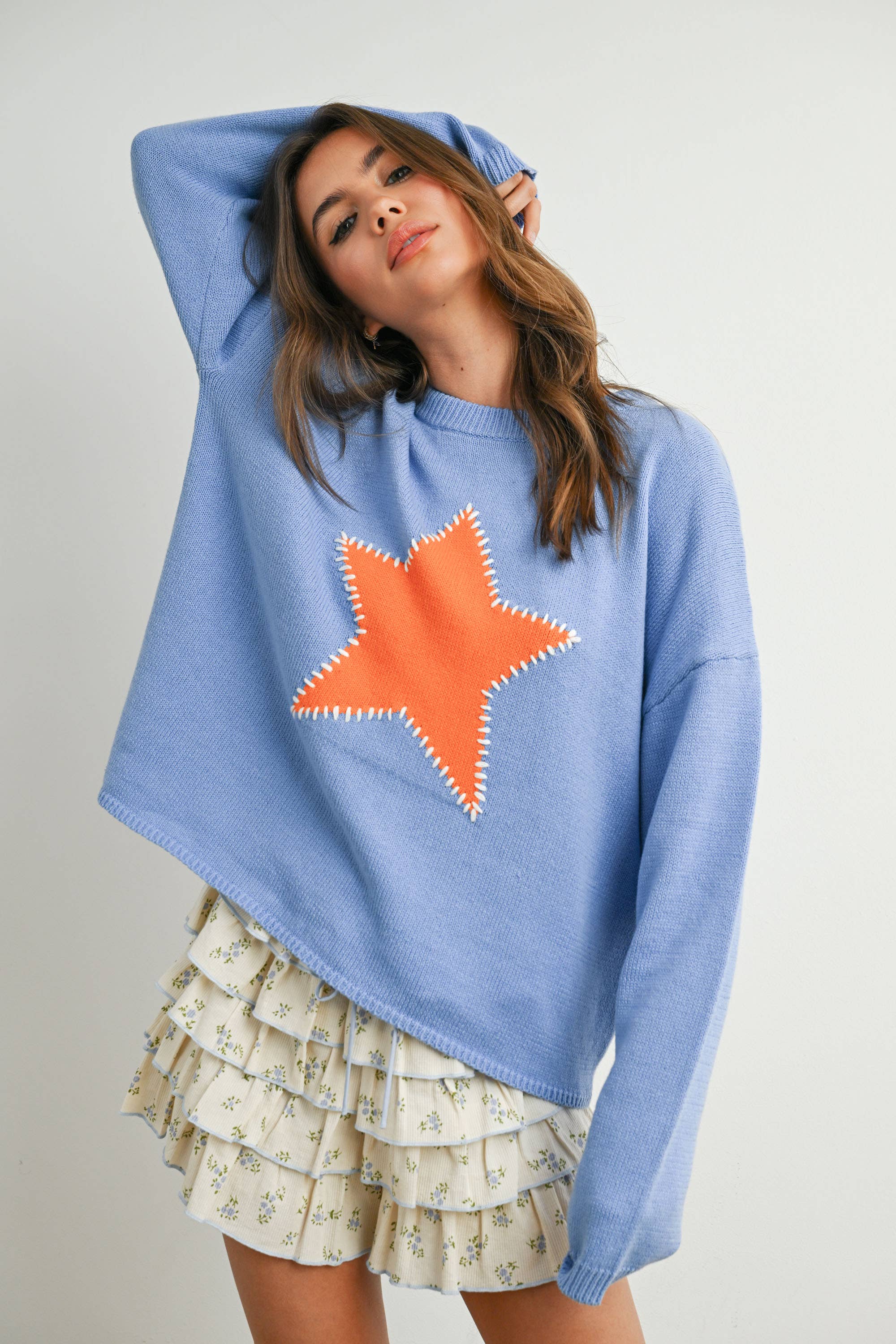 Blue Drop Shoulder Star Pattern Sweater