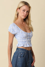 Blue Smocked Ruffle Crop Top