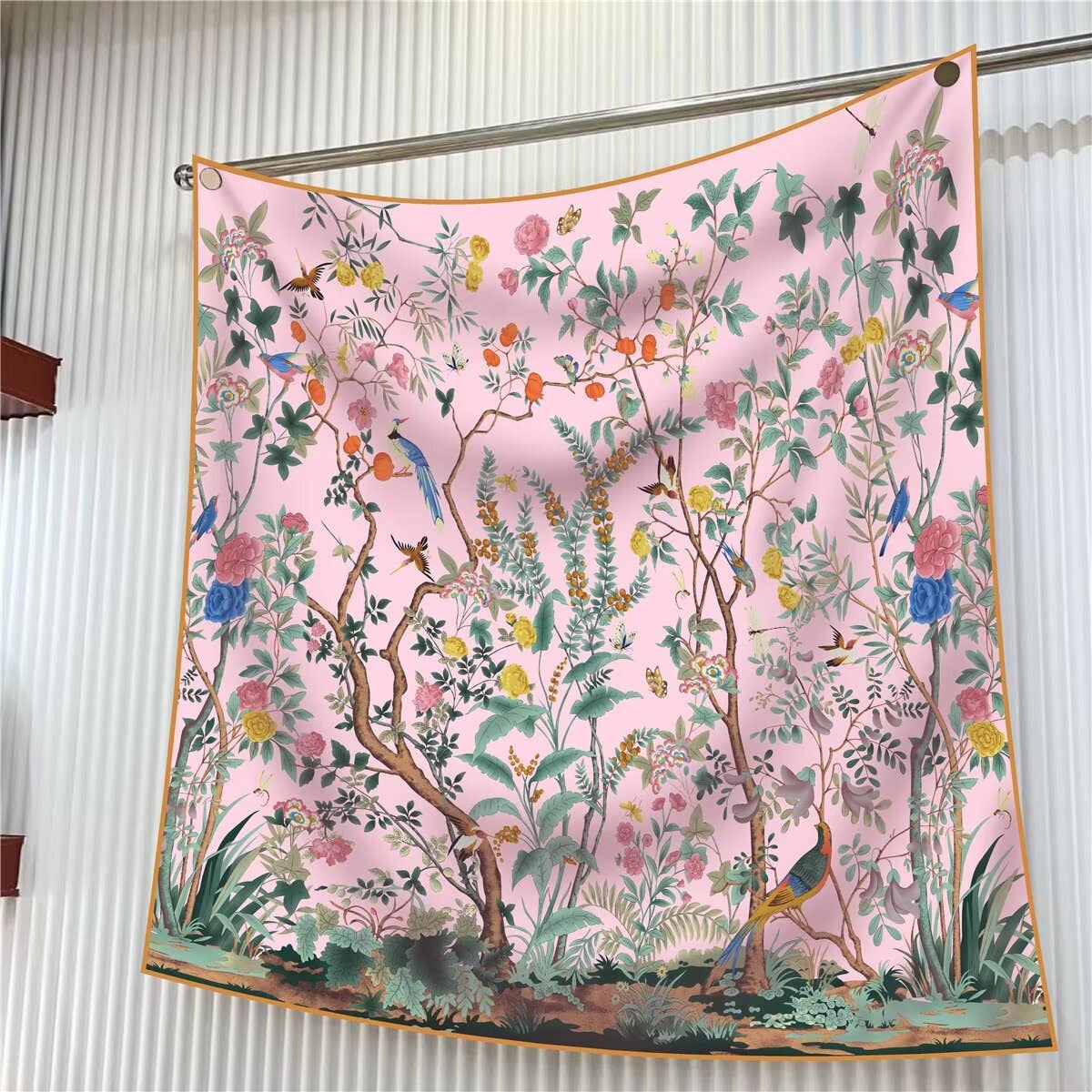 Pink Jungle Birds Twill Silk Sun Scarf showing color: pink