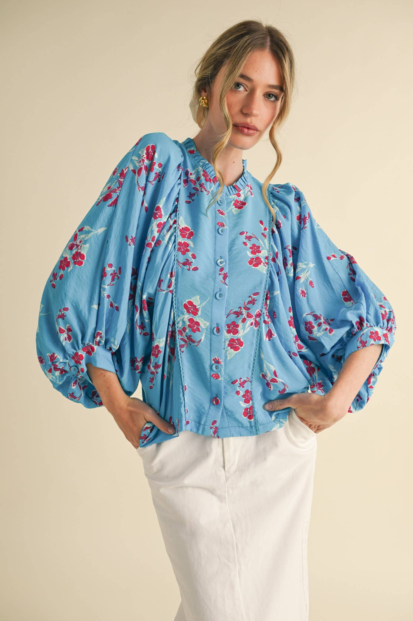 Blue Floral Dolman Sleeve Blouse