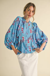Blue Floral Dolman Sleeve Blouse