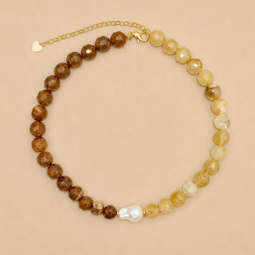 Brown Two-Tone Stone & Pearl Necklace