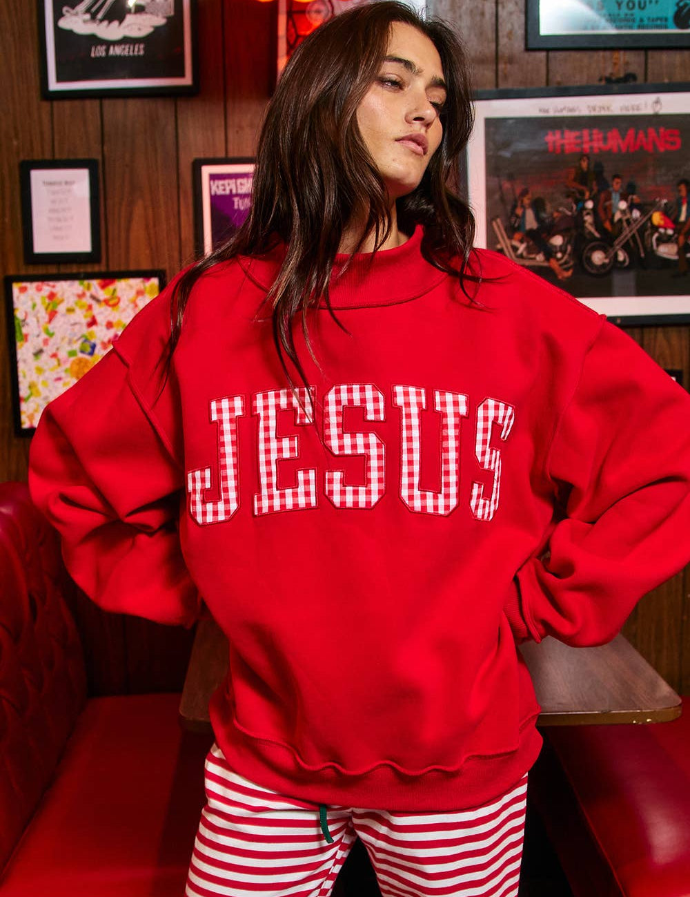 Red Gingham Jesus Mockneck — "JESUS" gingham applique graphic and mock neckline