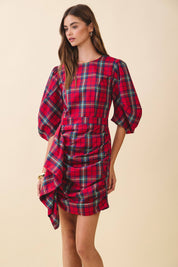Plaid Puff Sleeve Ruffle Dress