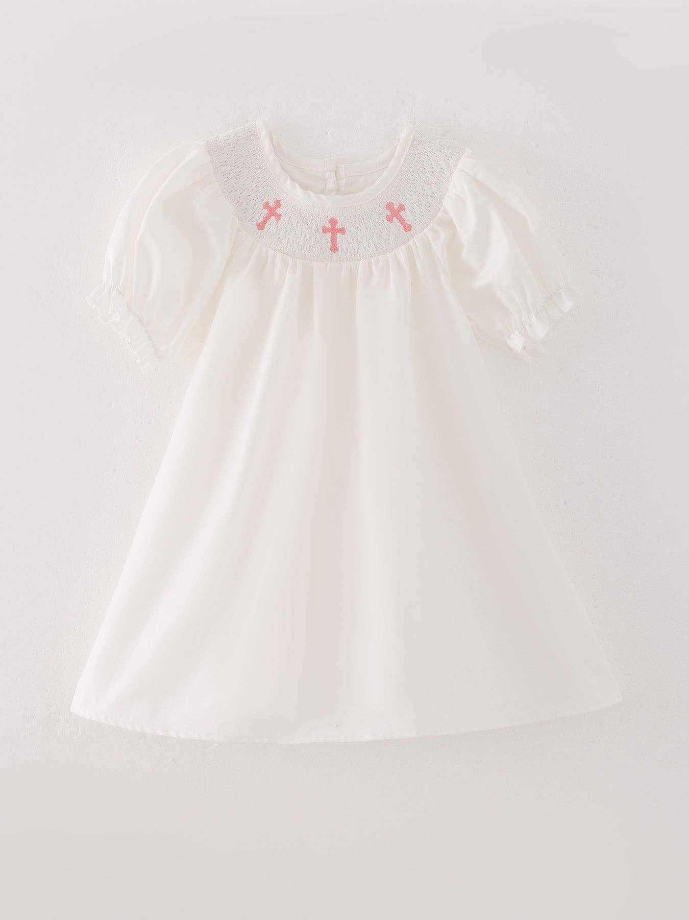 White Smocking Embroidered Crucifix Girls