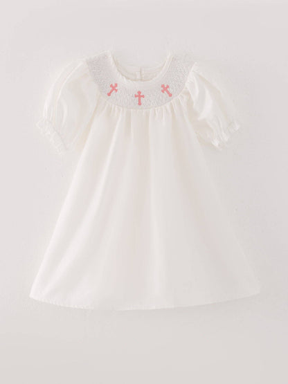 White Smocking Embroidered Crucifix Girls