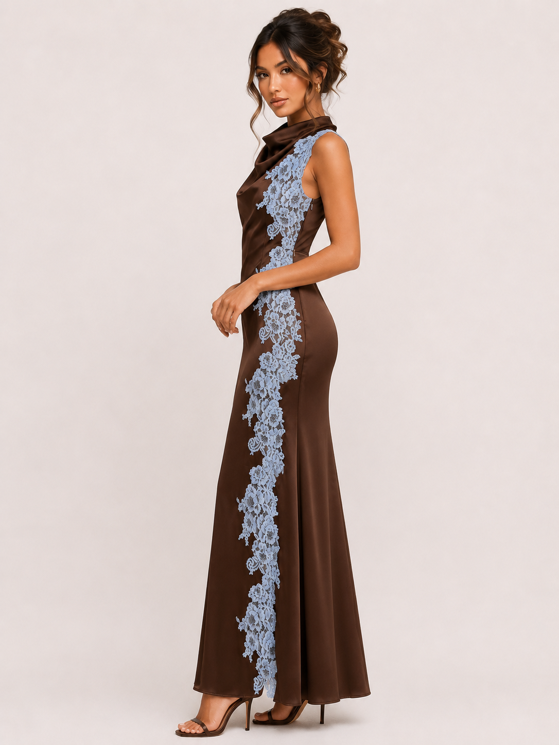 Brown Cowl Neck Satin Dress showing cowl neck