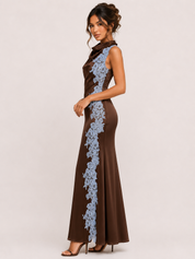 Brown Cowl Neck Satin Dress showing cowl neck