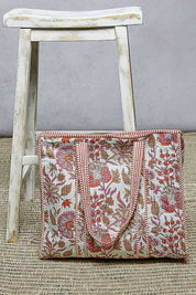 Cream Quilted Floral Tote Bag