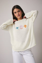 Cream Round Neck Sea Graphic Sweater