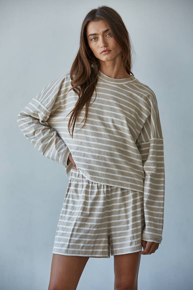 Beige & White Striped Mock Neck Long Sleeve