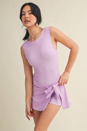 Purple Gingham Wrap Tie Dress