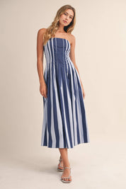 Blue Strapless Striped Midi Dress