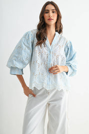 Light Blue Eyelet Puff Sleeve Top
