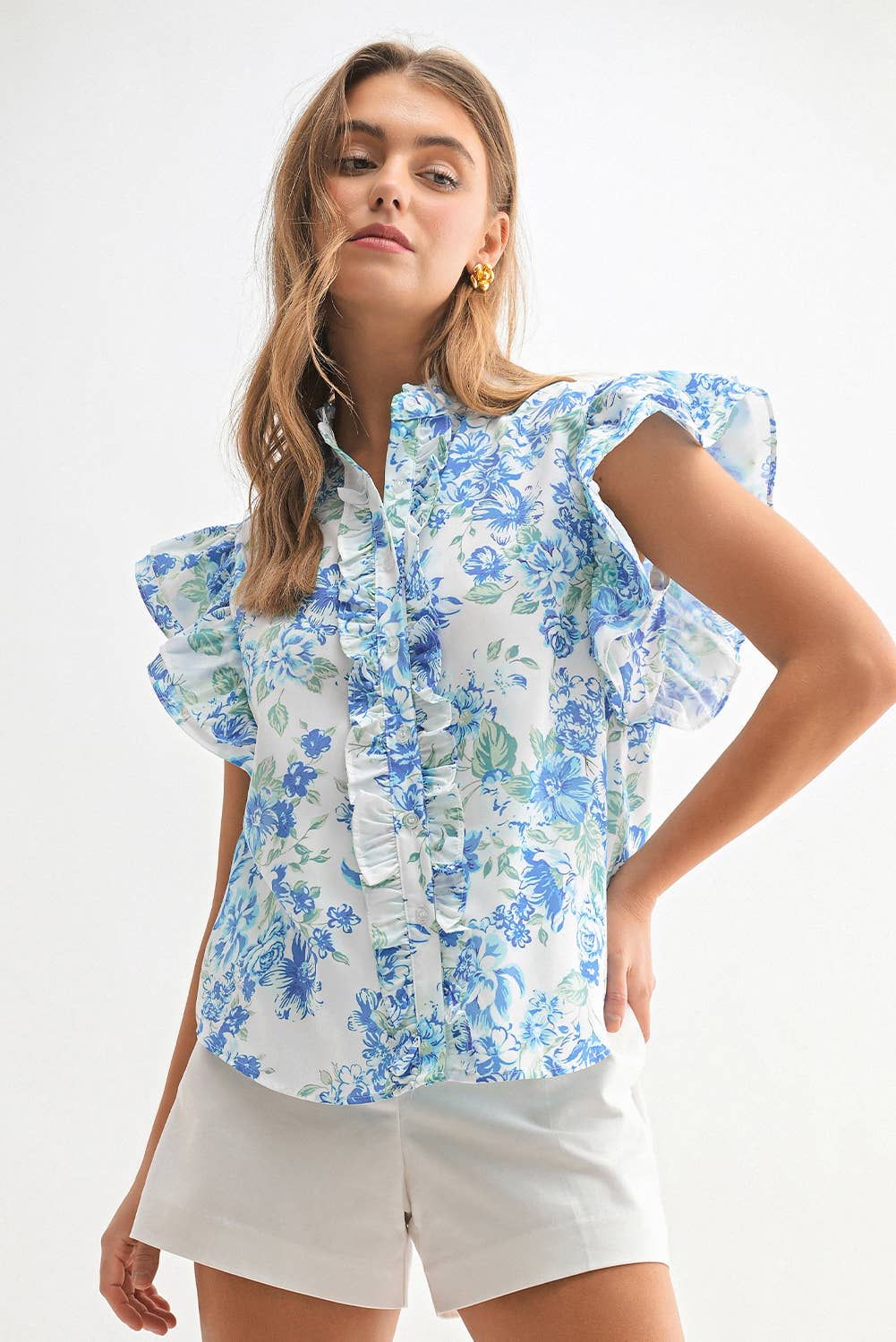 Blue Floral Ruffle Frilly Blouse