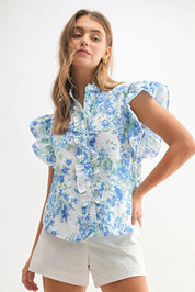 Blue Floral Ruffle Frilly Blouse